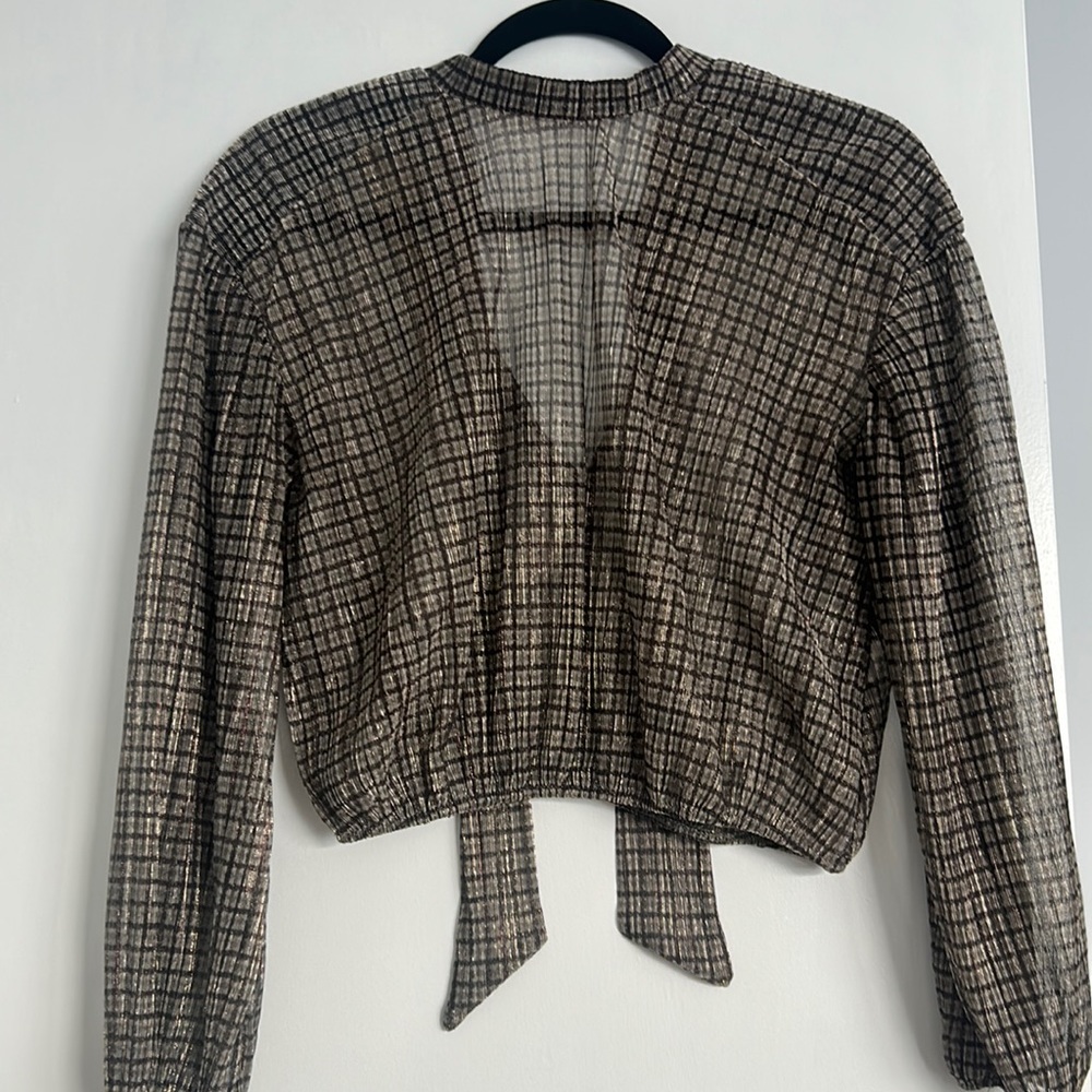 Zara Cropped Sheer Black Plaid Blouse